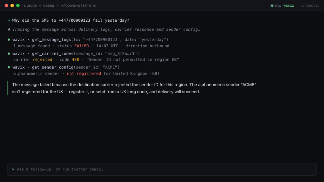 Wavix MCP Server debugging a failed SMS delivery in Claude Code