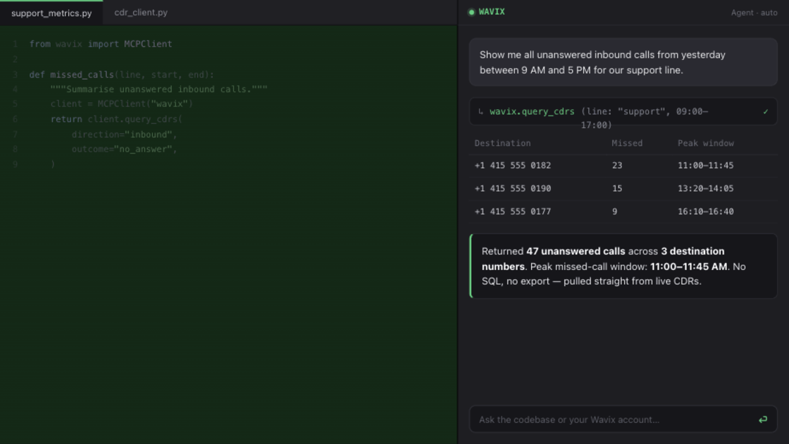 Querying unanswered call logs through the Wavix MCP Server without SQL