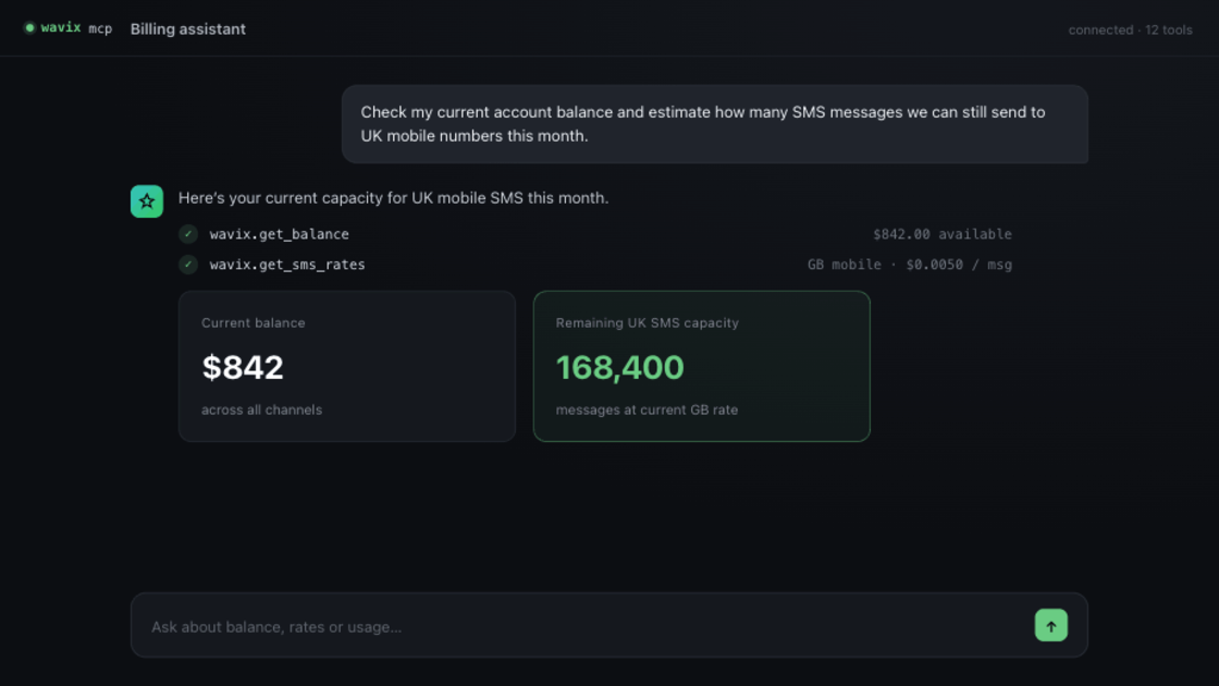 Checking account balance and estimating SMS send capacity via Wavix MCP Server