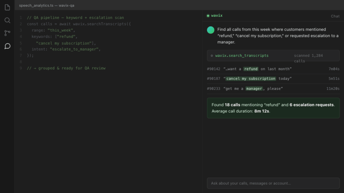 Searching call transcripts for keywords using Wavix speech analytics via MCP