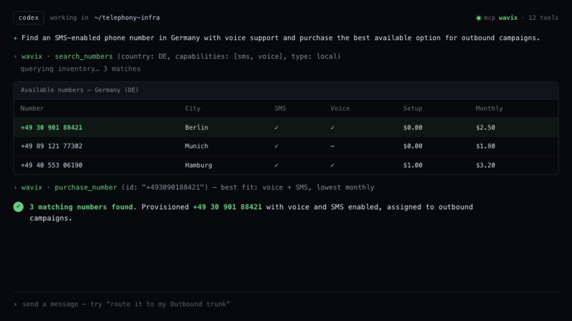 Provisioning a phone number in Germany through the Wavix MCP Server